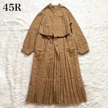 45R 셔츠 원피스 플리츠 벨트 코튼 린넨 베이지 R 자수
