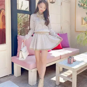 [ michel Macaron ] 베이지 체크 무늬 셋업