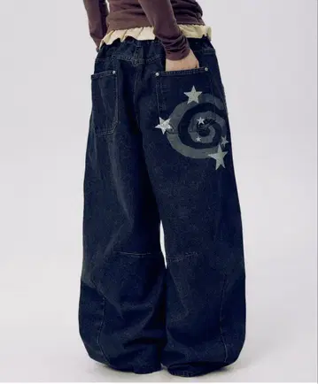 SOME PLACE/스팽글 스타 로고 벌룬 와이드 핏 데님 팬츠