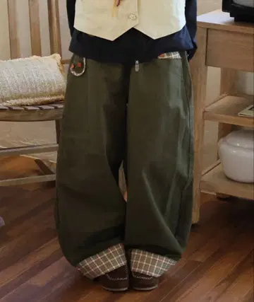 RuNaKiHu 행복 체크 배색 벌룬 팬츠 카키