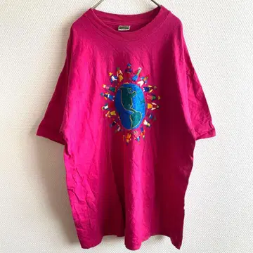 [ 레어 XL ] 자수 T셔츠 90s 빈티지 T셔츠 마젠타 핑크