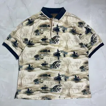 레어 빈티지 NORTHRIVER 물고기 패턴 피케 셔츠 낚시