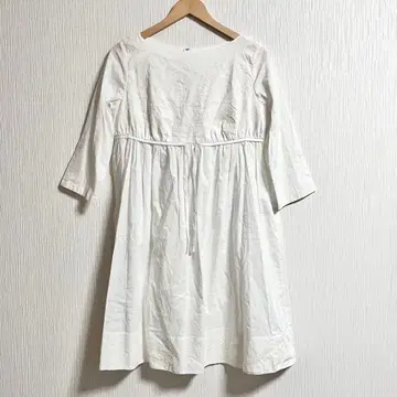 준코 시마다 자수 무릎 기장 원피스 7부 소매 허리 리본 L 화이트