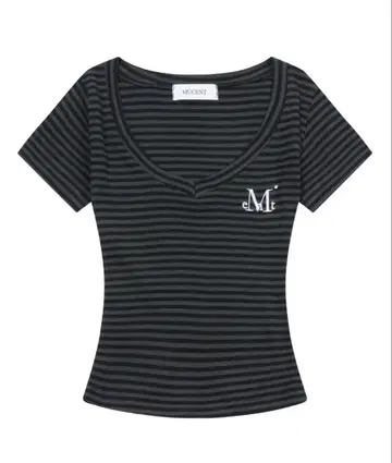 MUCENT 블랙 스트라이프 V넥 크롭 T셔츠 무센트