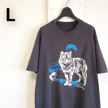 90s 울프 애니멀 T셔츠 늑대 달 알래스카 블랙 흑먹색 빈티지 L 상당