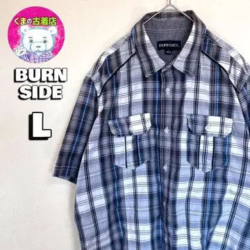 usa 구제 의류 BURNSIDE 반팔 버튼 셔츠 L 체크 블랙 블루