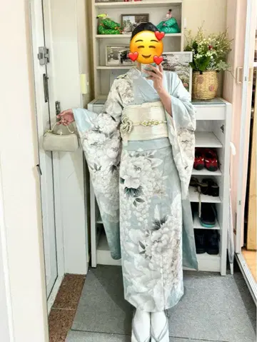 스카이블루 꽃무늬 후리소데 기모노 4세트