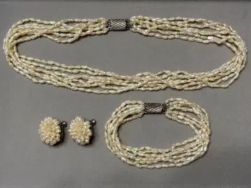 담수 진주 라이스 진주 목걸이 팔찌 귀찌 3종 세트