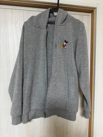 미키마우스 자수 그레이 풀 집업 후드티