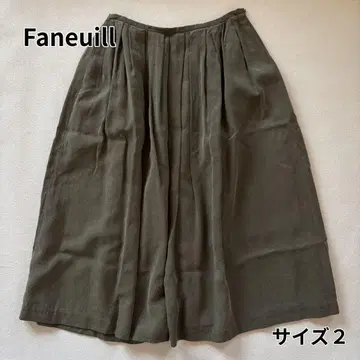 새상품급 Faneuil 플레어 스커트 카키 턱 무지 내추럴