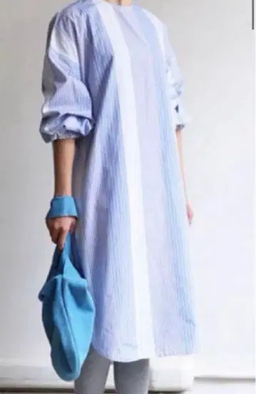 미즈이로 인드 롱 원피스 셔츠 원피스 면 100% 스트라이프 스카이블루