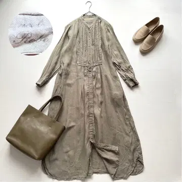 nest Robe 린넨 원피스 핀턱 밴드 카라 카키 개더