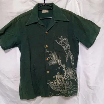 알로하 셔츠 반팔 다크 그린 새와 거북이 자수