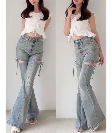 컷 아웃 리본 데님 팬츠