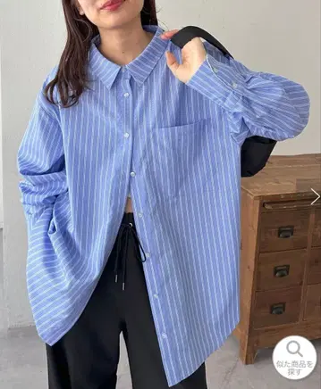 새상품 DISCOAT 커프스 화이트 스트라이프 오버 셔츠 블루