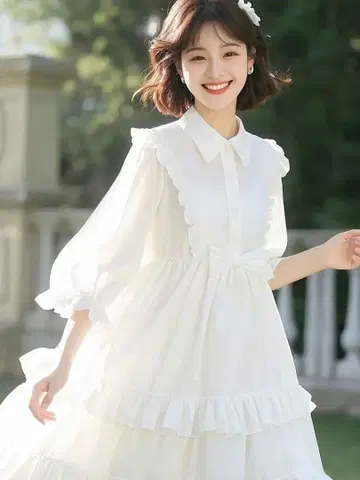 수제 화이트 원피스 티어드 프릴 성숙/러블리 여름 의류 1점