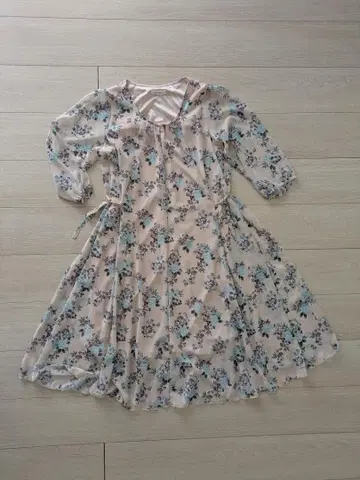 하모니카 꽃무늬 원피스 M 핑크 쉬폰 A라인 세탁 가능 일본제 원단 소재