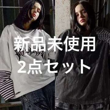 ERAR 빈티지 라이크 하이 데미지 보더 레이어드 자수 롱 T 2종 세트