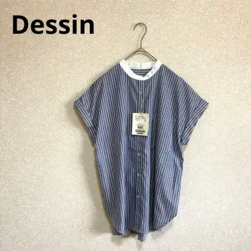 [ 새상품 ] Dessin 데셍 밴드 카라 셔츠 스트라이프 블루 L
