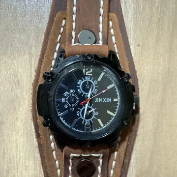 JIN XIN 브라운 가죽 밴드 아날로그 손목시계