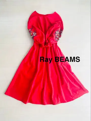 Ray BEAMS 빔즈 롱 기장 원피스 자수 플레어 슬리브 빨간색