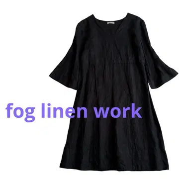 FOGLINENWORK 린넨 원피스 v넥 블랙 플레어 슬리브 린넨