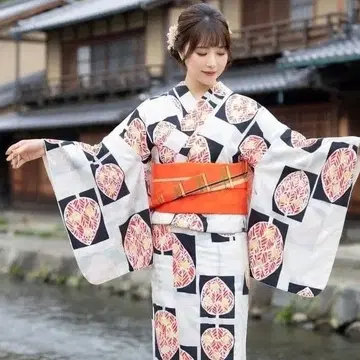 레트로 여성용 유카타 손바느질 기장 151cm 화이트 반폭 오비 오렌지