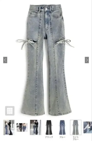 GRL 사이드 컷 아웃 리본 플레어 데님 팬츠 cu578 라이트 블루 M