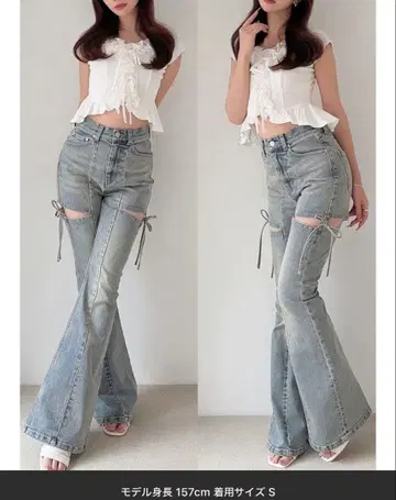 RESEXXY 컷 아웃 리본 데님 팬츠 아이스 블루 S