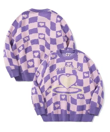 [ HOOK ] 하트와 체크 패턴 니트풍 맨투맨 핑크