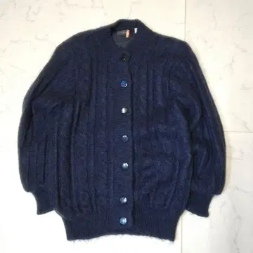 빈티지 울 혼방 케이블 니트 가디건 안감 부착 네이비 L