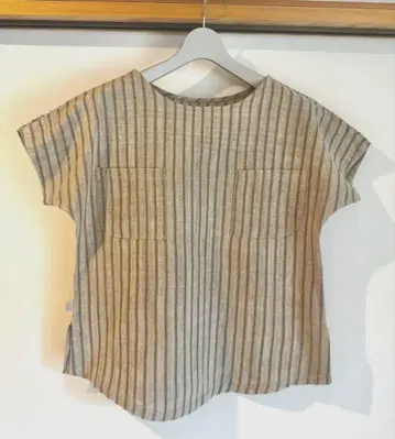 우사토 usaato 수제 직조풍 스트라이프 반팔 상의 포켓 부착 내추럴