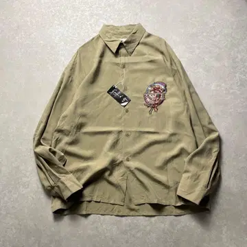 90sGOOUCH 실크 오버 셔츠 긴팔 베이지 카키 자수 패치 클래식