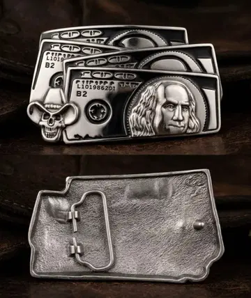 벨트 버클 100달러 지폐 스컬 해골 실버 화려한 바이커 달러 지폐