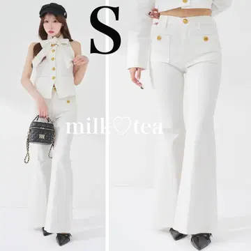 택 포함 새상품 다리치 DD버튼 롱 플레어 데님 S 화이트