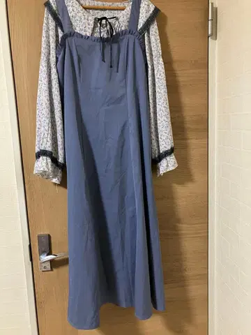 플로럴 패턴 블라우스 세트 블루 원피스