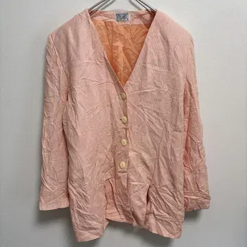 노카라 자켓 [ M ] 라이트 핑크 체크 긴팔 어깨 패드 얇은 소재