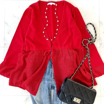 새상품급 아나이 ANAYI 레이스 절개 코튼 혼방 가디건 레드 38