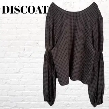 디스코트 체크 블라우스 볼륨 소매 백리본 셔링 그레이