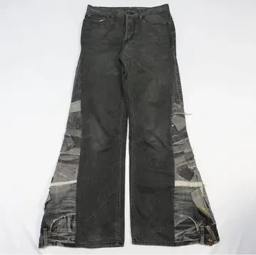 [ 리메이크 ] 재구축 블랙 데님 패치워크 와이드 플레어 배기 그런지