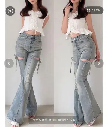 컷 아웃 리본 데님 팬츠 RESEXXY