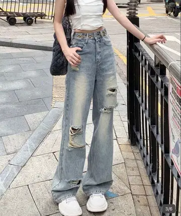 데미지 가공 하이웨스트 와이드 데님 팬츠