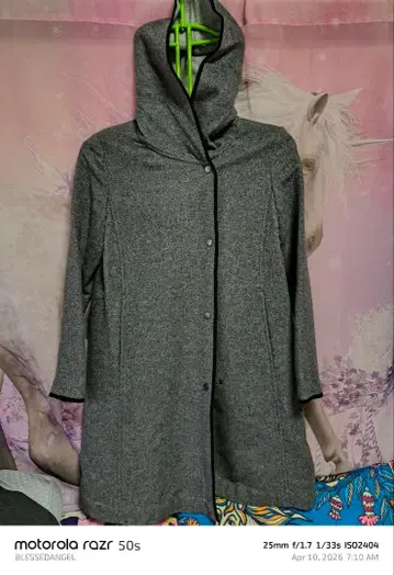 GALLORIA 후드 부착 그레이 롱 코트 울 48%