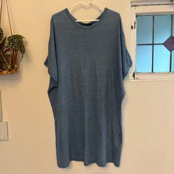 새상품급 미즈이로 인드 린넨 100% 하프 슬리브 롱 원피스 블루