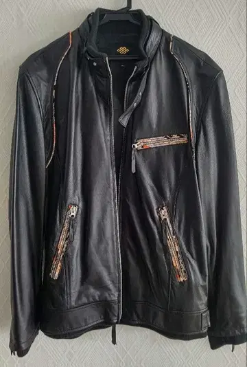 마사유키 일본풍 패턴 스티치 블랙 가죽 싱글 라이더 자켓 XL