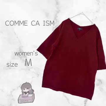 컴시즘 V넥 반팔 니트소 와인 레드 폴리에스테르