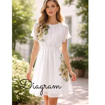 Diagram 꽃무늬 반팔 원피스 화이트 꽃무늬 데이트 의류 구혼활동
