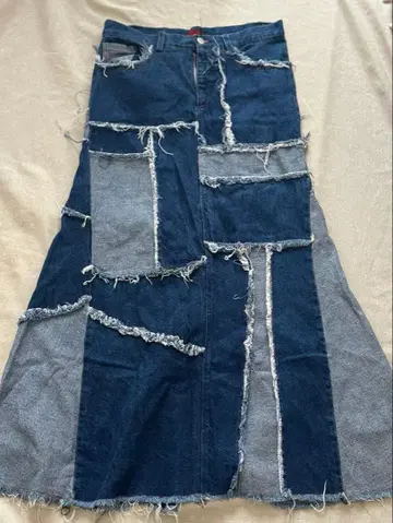데님 패치워크 스커트 리메이크풍 프린지 개성파