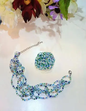 [ 핸드메이드 ] 비즈 팔찌 브로치 세트 블루