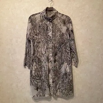 튤지 시스루 화이트 블랙 플라워 무늬 긴팔 롱 셔츠 M~L